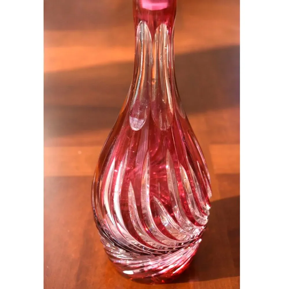 Vintage Lausitzer German Burgundy Cranberry Crystal Decanter with Topper